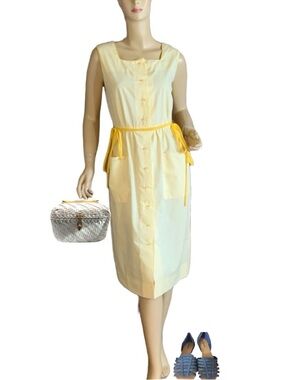 VINTAGE 1980'S TANNER PALE YELLOW SLEEVELESS SHIRT DRESS WITH BELTS (6)